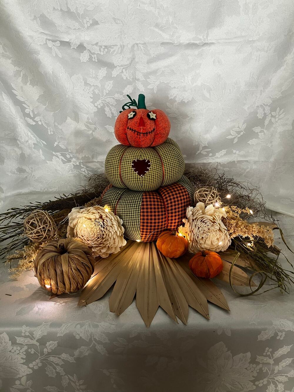 Handmade Fall Centerpiece Stacked Fabric Pumpkins Light Upcycled Farmhouse Decor